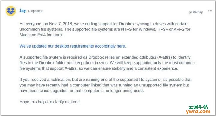 Dropbox只支持Linux上的Ext4,Windows上的NTFS,macOS上的HFS+/APFS