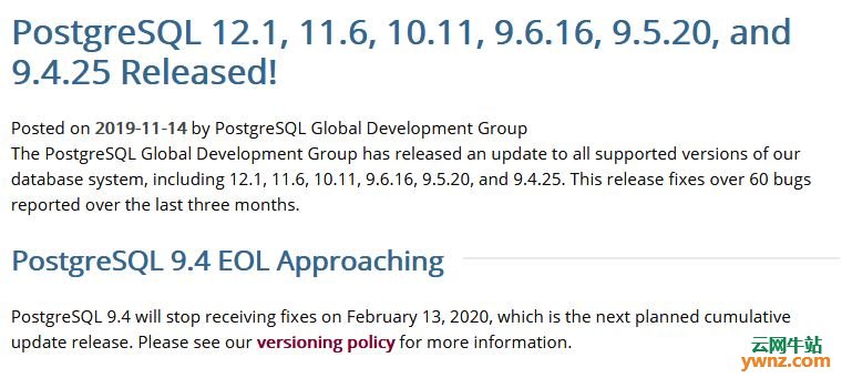 PostgreSQL 12.1/11.6/10.11/9.6.16/9.5.20/9.4.25下载，附更新说明