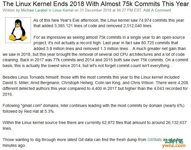 Linux内核在2018年新增87万行代码，将近75000个提交