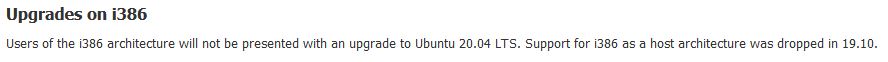 使用i386架构（32位）的用户不能升级到Ubuntu 20.04 LTS版本