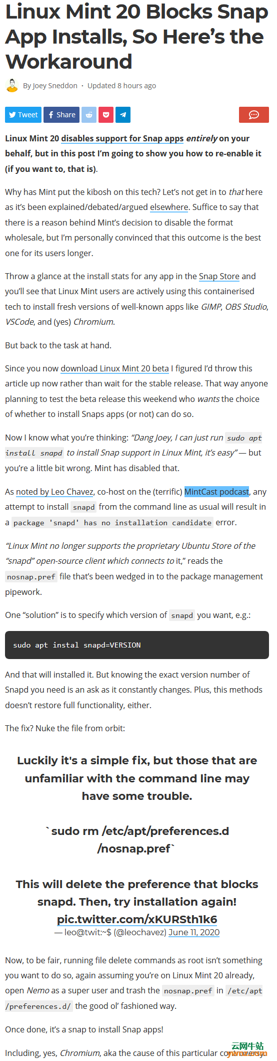 Linux Mint 20阻止Snap应用程序安装，但有处理的方法