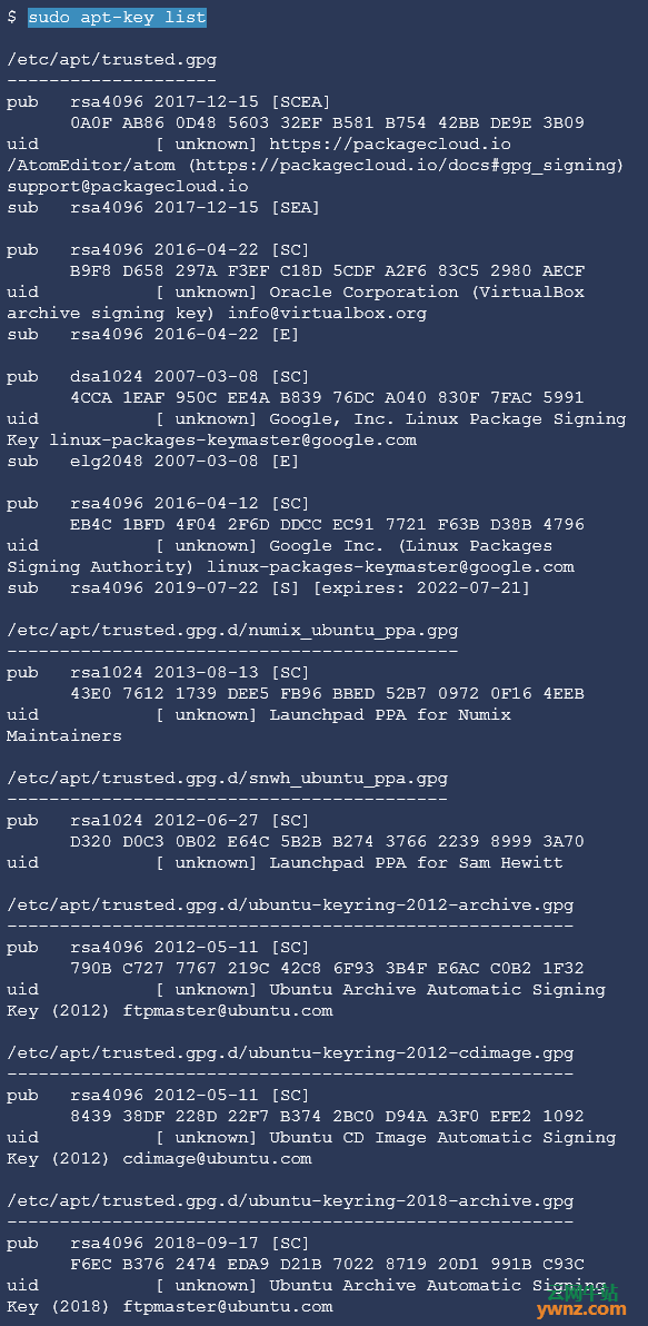 用命令列出和删除Ubuntu系统中添加的GPG密钥（GPG key）