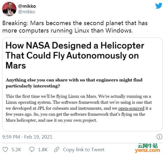 Linux系统首次在火星上得到应用，美国毅力号将Linux带入火星
