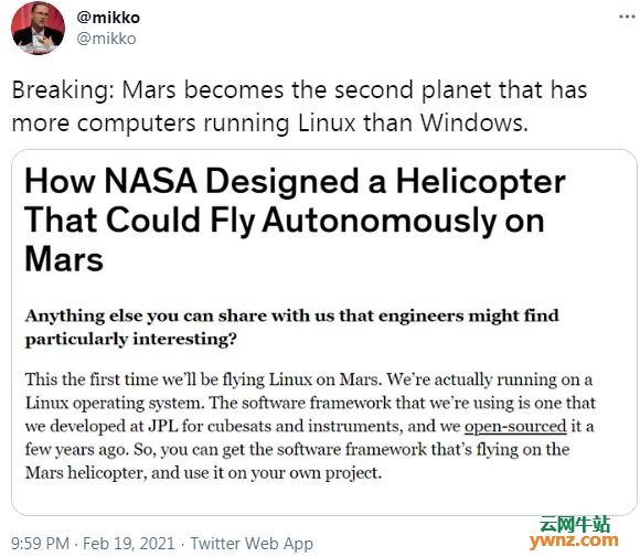 上火星的机智号（Ingenuity）运行在Linux软件框架上，附开源地址